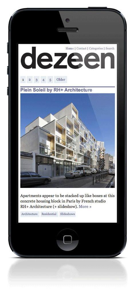 Dezeen's responsive site on iPhone 5