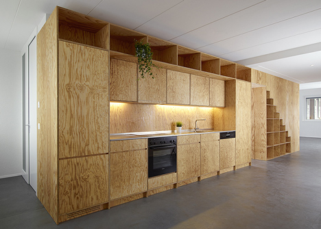 Apartment interiors with boxy wooden furniture by Big-Game