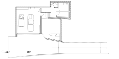 Basement plan of John Wardle's Fairhaven Beach House wraps a courtyard and stretches towards the ocean