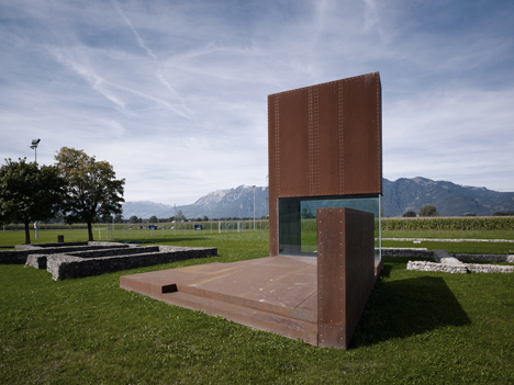 Rusty steel tower by Marte.Marte Architects frames Roman ruins in Austria