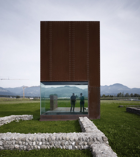Rusty steel tower by Marte.Marte Architects frames Roman ruins in Austria
