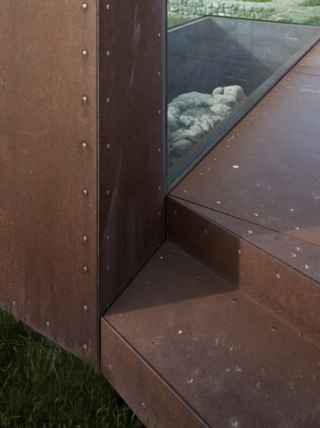 Rusty steel tower by Marte.Marte Architects frames Roman ruins in Austria