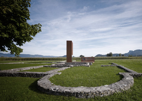Rusty steel tower by Marte.Marte Architects frames Roman ruins in Austria