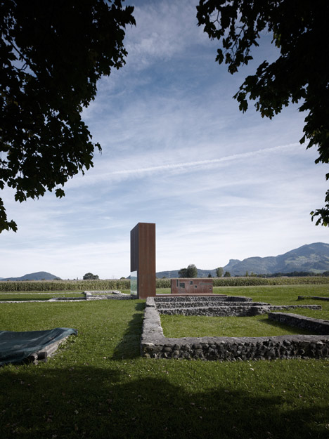 Rusty steel tower by Marte.Marte Architects frames Roman ruins in Austria