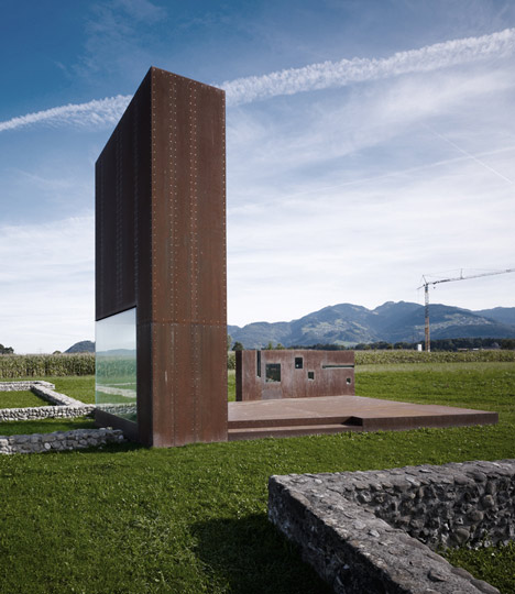 Rusty steel tower by Marte.Marte Architects frames Roman ruins in Austria