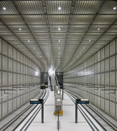 Glowing glass blocks surround the Wilhelm-Leuschner-Platz S-Bahn station by Max Dudler