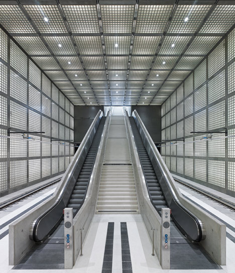 Glowing glass blocks surround the Wilhelm-Leuschner-Platz S-Bahn station by Max Dudler