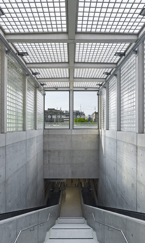 Glowing glass blocks surround the Wilhelm-Leuschner-Platz S-Bahn station by Max Dudler