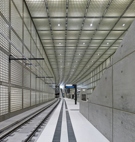 Glowing glass blocks surround the Wilhelm-Leuschner-Platz S-Bahn station by Max Dudler