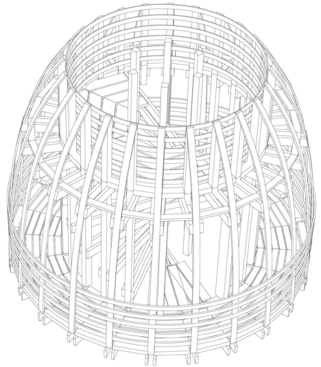 Timber observation tower shaped like a cucumber by Mjölk Architekti
