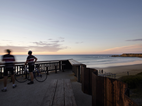 Third Wave Kiosk built from weathered steel piles by Tony Hobba Architects