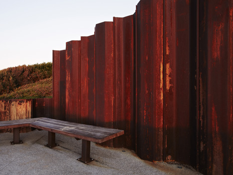 Third Wave Kiosk built from weathered steel piles by Tony Hobba Architects