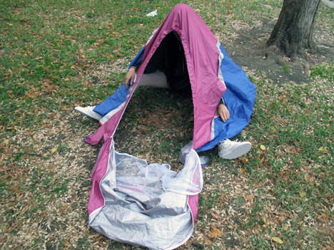 Walking Shelter tent stored in shoes by Sibling