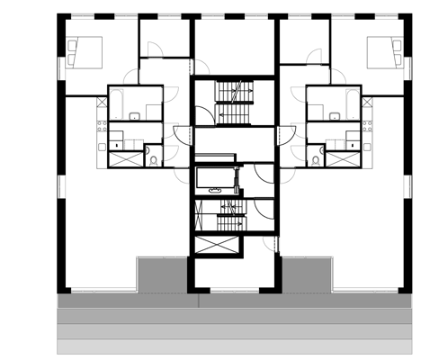 Thirteenth floor plan of Turquoise tower by NL Architects that staggers back to create sunny balconies