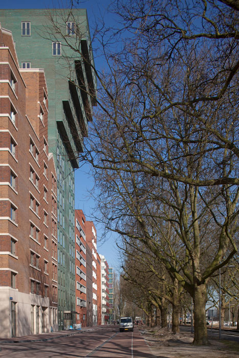 Turquoise tower by NL Architects that staggers back to create sunny balconies