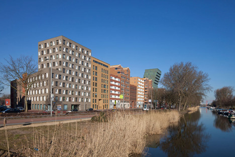 Turquoise tower by NL Architects that staggers back to create sunny balconies