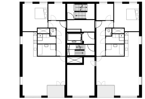 Ninth floor plan of Turquoise tower by NL Architects that staggers back to create sunny balconies
