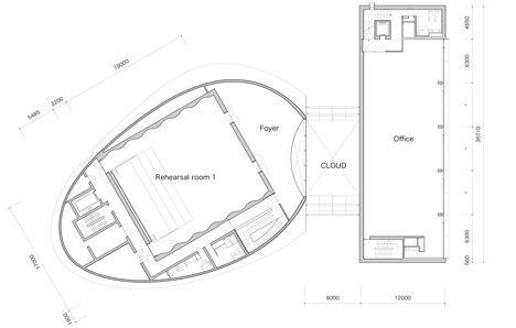 Second floor plan of Blob-shaped silver building contrasts with a red tower at Japanese music college
