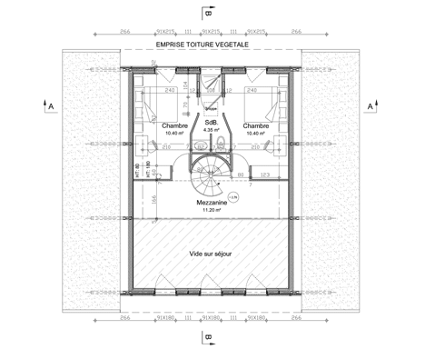 First floor plan of Hump-shaped house blanketed by plants by Patrick Nadeau