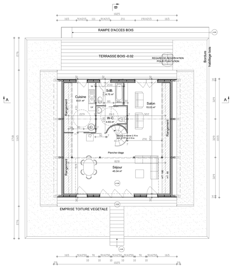 Ground floor plan of Hump-shaped house blanketed by plants by Patrick Nadeau