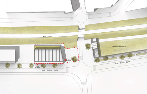 Site plan of Parisian sports hall by Ateliers O-S Architectes with bands of light on its walls