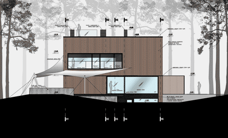 Elevation three of Timber-clad seaside house with a grainy concrete interior by Ultra Architects