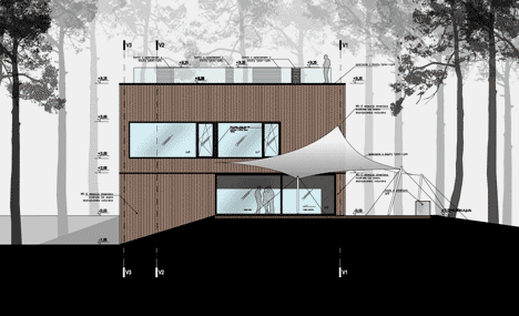 Elevation four of Timber-clad seaside house with a grainy concrete interior by Ultra Architects
