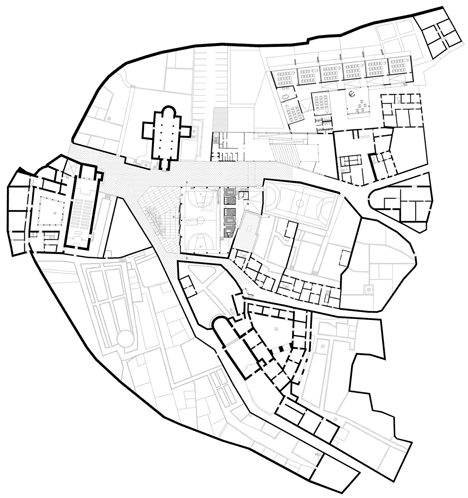 Site plan of Concrete-clad sports hall by Idis Turato with both faceted and bumpy facades