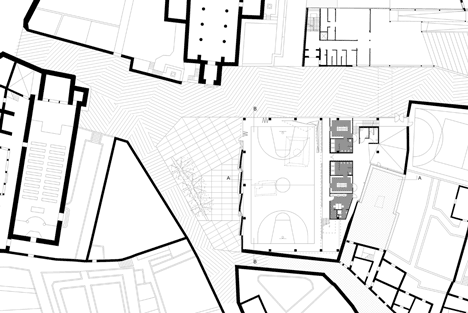 First floor plan of Concrete-clad sports hall by Idis Turato with both faceted and bumpy facades