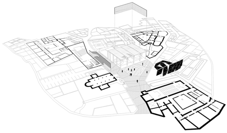 3D concept diagram of Concrete-clad sports hall by Idis Turato with both faceted and bumpy facades