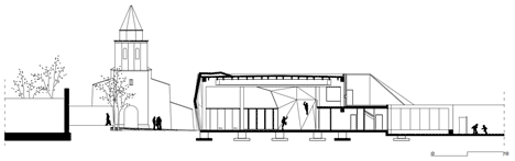 Section two of Concrete-clad sports hall by Idis Turato with both faceted and bumpy facades