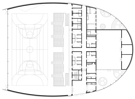 Floor plan of Sports centre clad with sun-bleached wooden slats by Explorations Architecture