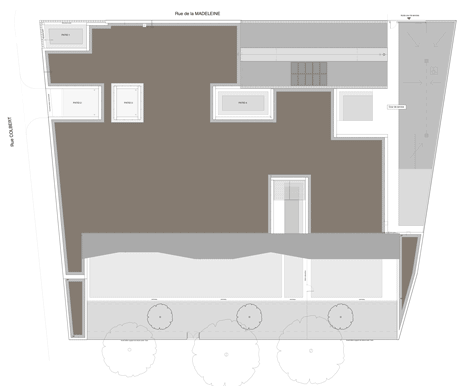 Site plan of Timber-clad kindergarten in France by Topos Architecture