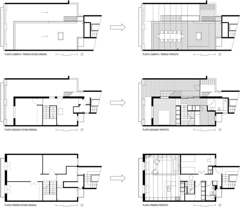 Before and after floor plans of Barcelona apartment by Bach Arquitectes with colourful floor tiles arranged in stripes