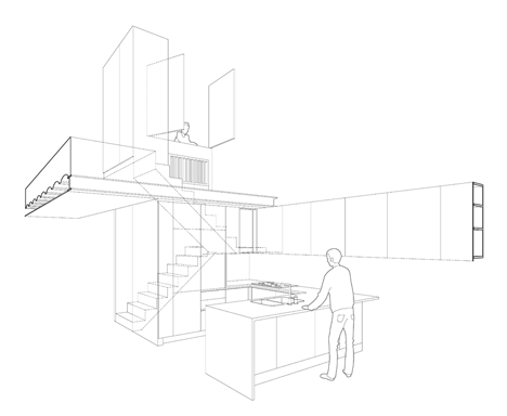 3D concept diagram of Barcelona apartment by Bach Arquitectes with colourful floor tiles arranged in stripes