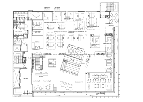 Ninth floor plan of 99c offices by Inhouse Brand Architects features<br /> a waiting room inside a shipping container