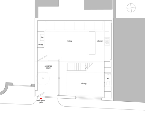 Ground floor plan of Blackbox mews house by Form_art Architects has brick walls that continue inside