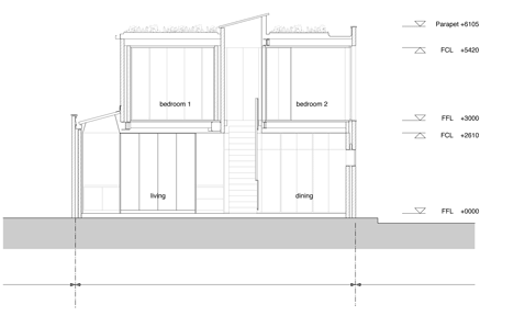 Section A of Blackbox mews house by Form_art Architects has brick walls that continue inside