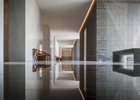 Garden Mausoleum by HGA features rough granite, white marble and gleaming onyx