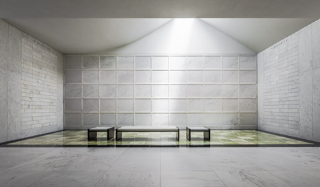 Garden Mausoleum by HGA features rough granite, white marble and gleaming onyx