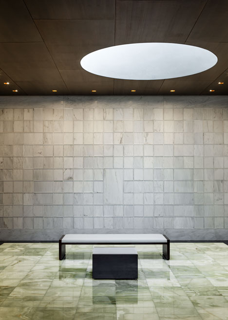 Garden Mausoleum by HGA features rough granite, white marble and gleaming onyx