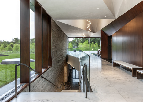 Garden Mausoleum by HGA features rough granite, white marble and gleaming onyx