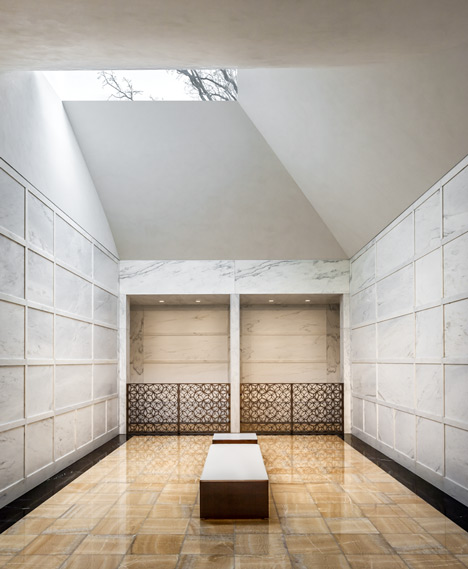 Garden Mausoleum by HGA features rough granite, white marble and gleaming onyx