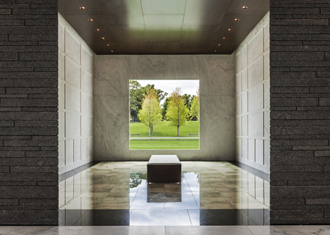 Garden Mausoleum by HGA features rough granite, white marble and gleaming onyx