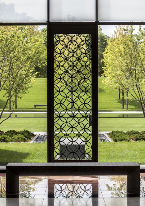 Garden Mausoleum by HGA features rough granite, white marble and gleaming onyx