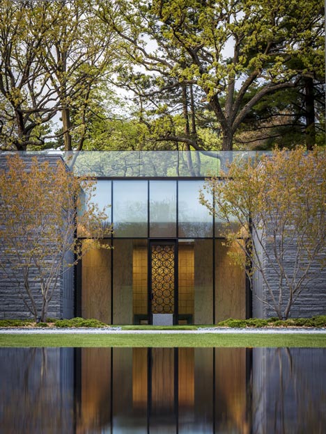 Garden Mausoleum by HGA features rough granite, white marble and gleaming onyx