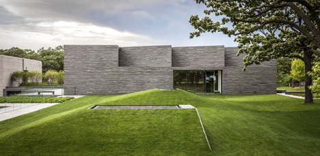 Garden Mausoleum by HGA features rough granite, white marble and gleaming onyx