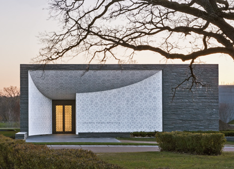 Garden Mausoleum by HGA features rough granite, white marble and gleaming onyx