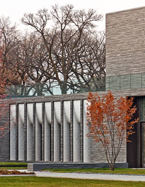Garden Mausoleum by HGA features rough granite, white marble and gleaming onyx