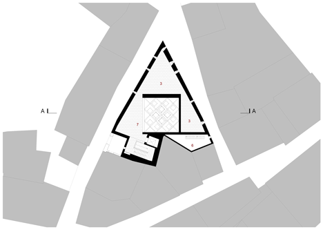 First floor of Jewish cultural centre with an acutely angled corner by Goncalo Byrne Arquitectos
